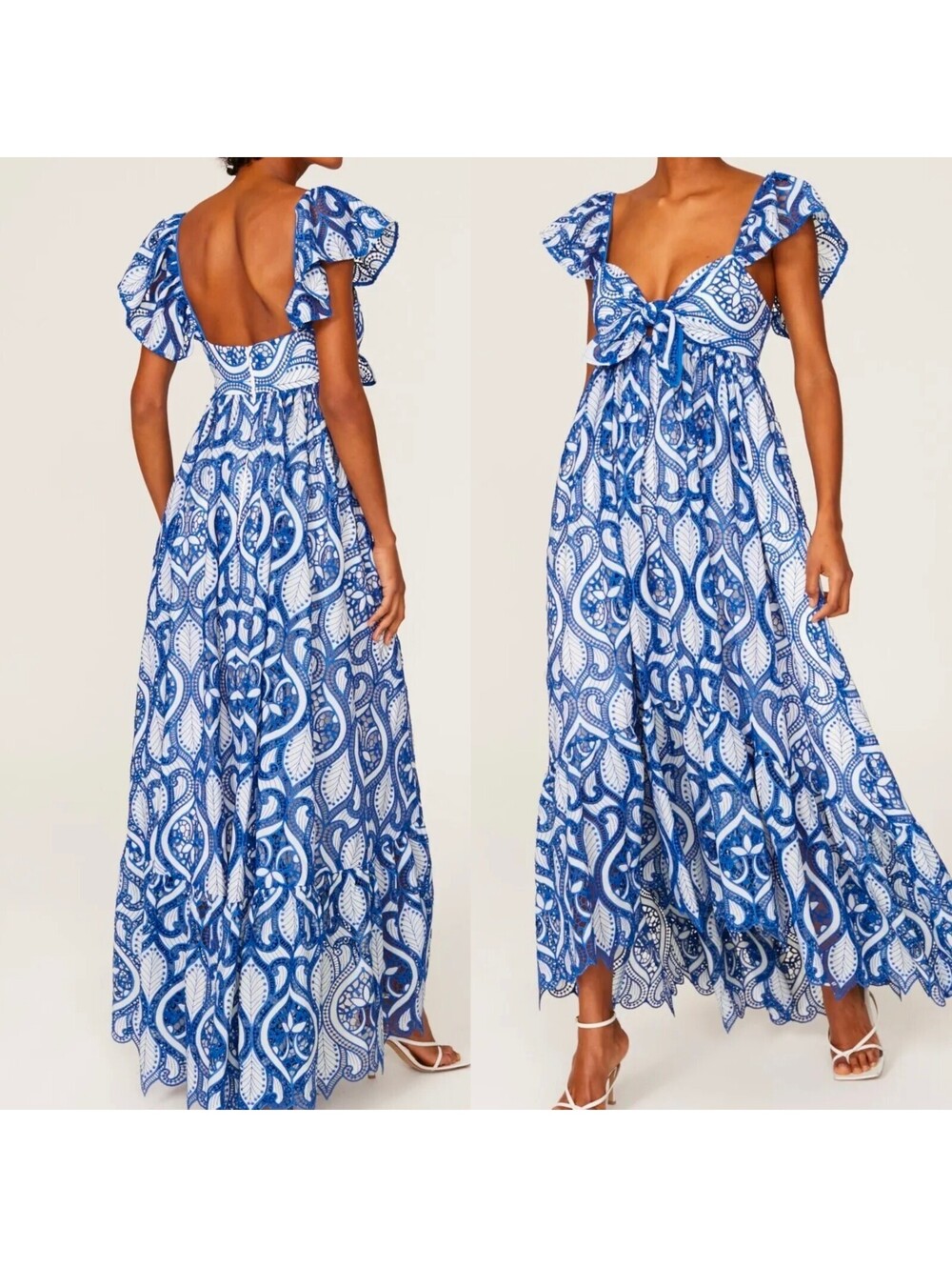 Badgley Mischka Blue Lace Maxi Dress Size 8 Billowy Coquettecore Cutout Luxury